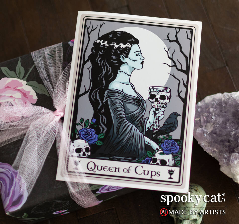 Queen of Cups tarot card with gothic Bride-inspired figure styled with pink tulle, floral wrap, and crystal, featuring skulls and moonlit background