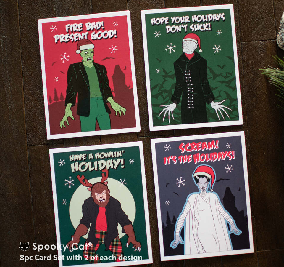 Spooky horror Christmas card set with classic monsters wishing a creepy holiday.