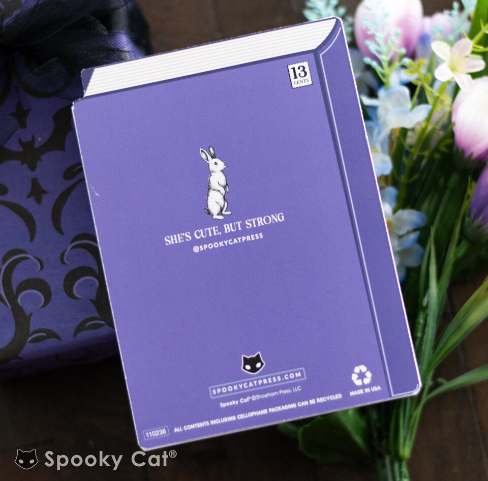 Back of Book-shaped Mother's Day card titled “Once Upon a Mom” with a bunny illustration