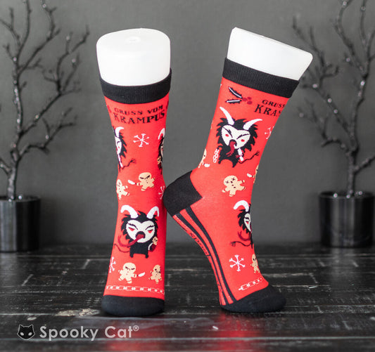 Cute Krampus Creepmas Socks with red holiday design and Krampus pattern