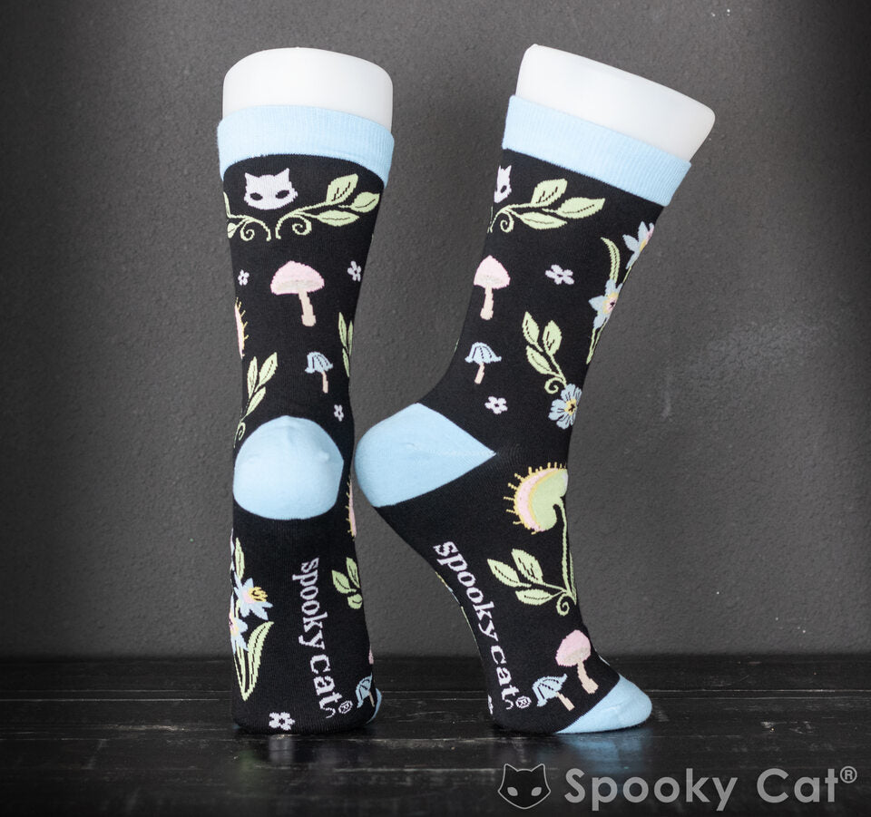Venus Flytrap, Mushroom, and floral jacquard socks