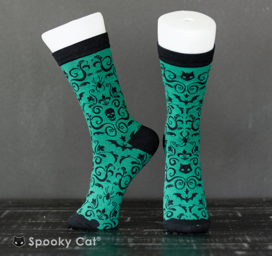 Green Gothic Damask Socks with skulls, bats, and spooky swirls