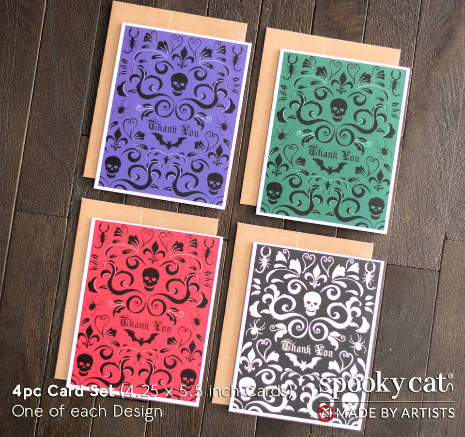 Set of four gothic thank you cards with skull and bat damask patterns in black, purple, red, and green with kraft envelopes.