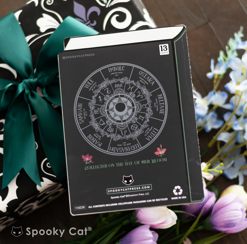 Almanac-style woodland birthday card with witchy illustrations, botanical details, and a magical Wildwood title for nature lovers.