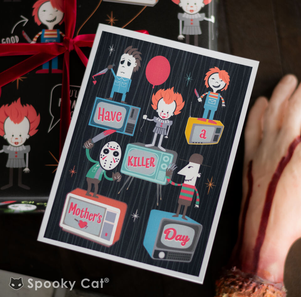 Retro Horror Mother's Day Card with Jason, Freddy, Michael, and Chucky caricatures