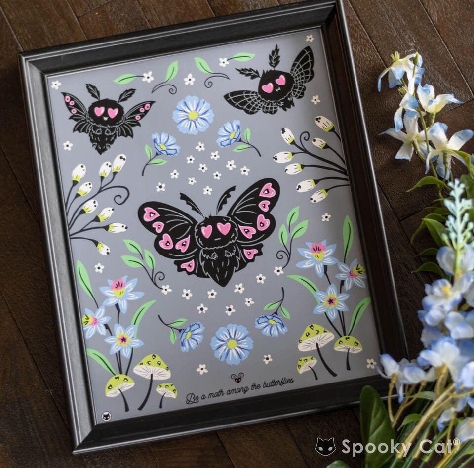 Cute Mothman Floral Art Print featuring three cute goth moths