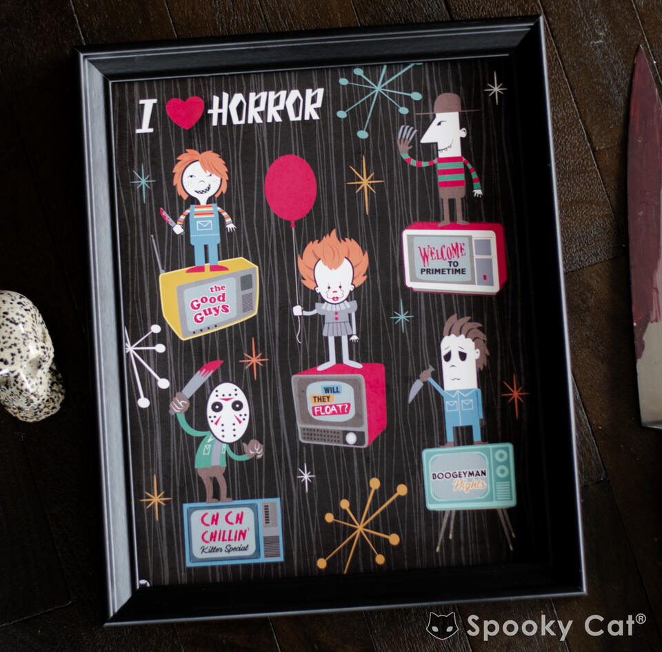 Retro Horror Art Print inspired by 80's slasher movies with caricature of Freddy, Michael, Jason, Chucky, and Pennywise