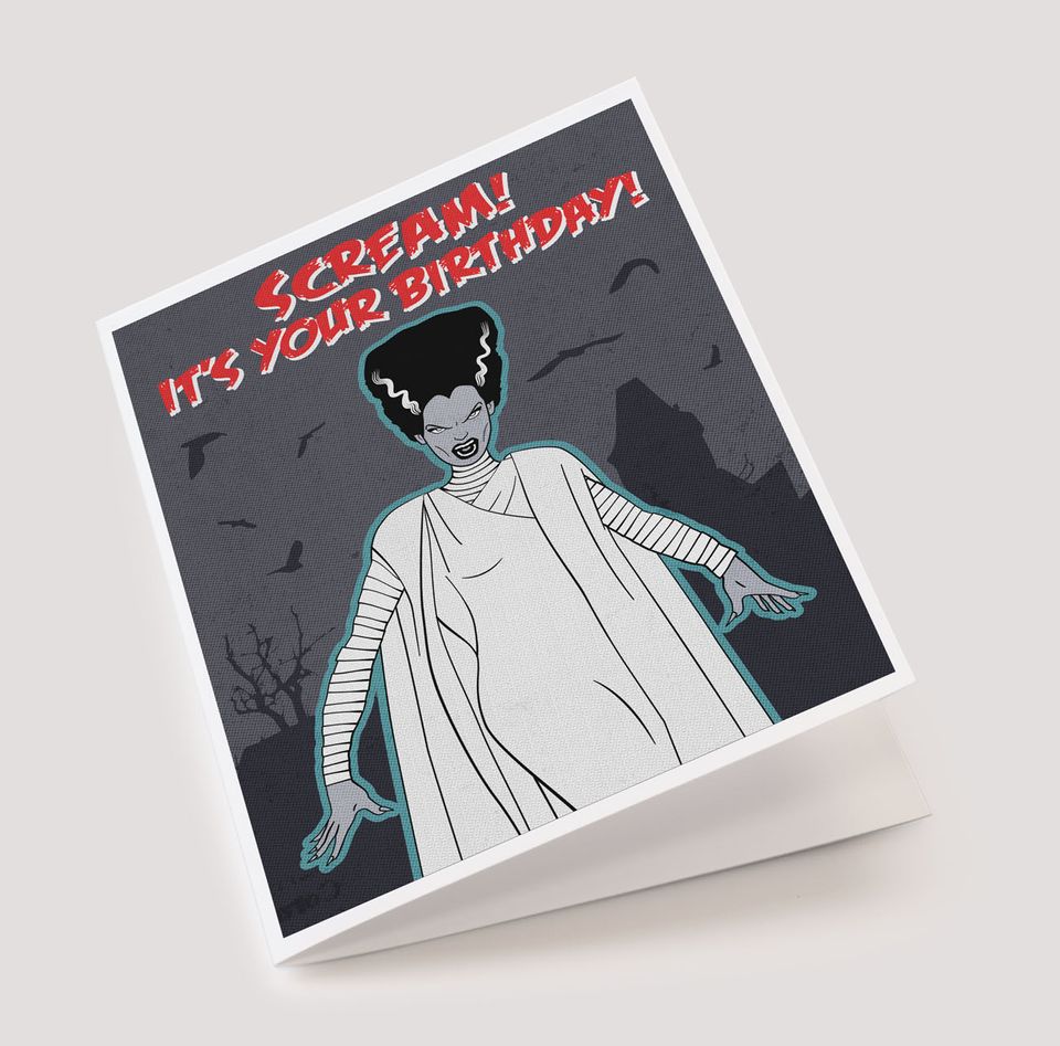 Spooky Cat Bride of Frankenstein Birthday Card
