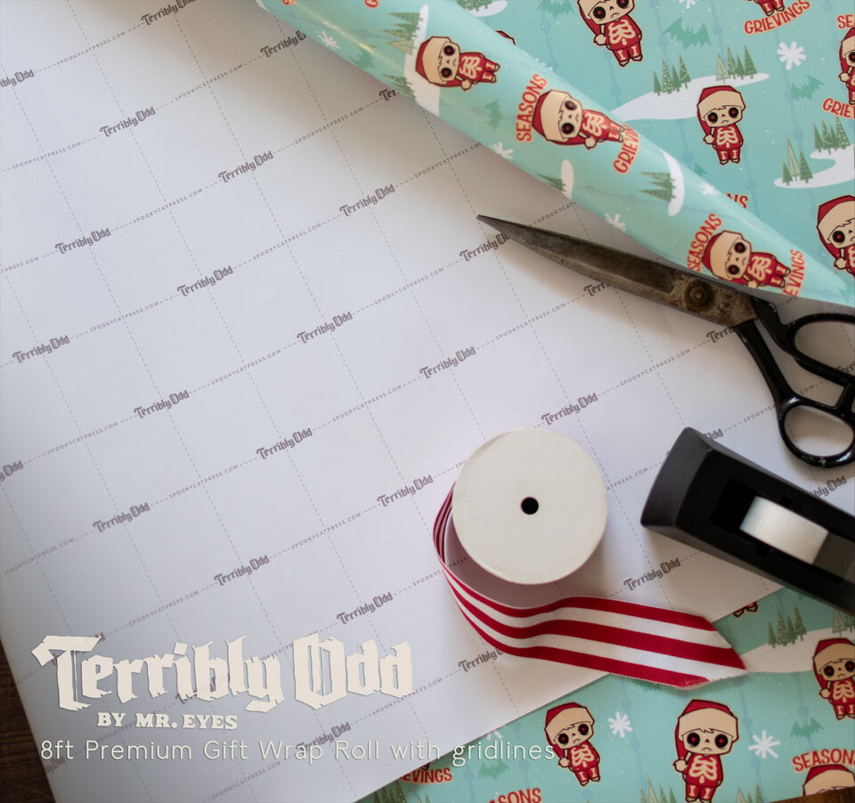 Reverse side of Terribly Odd Wesley Creepmas gift wrap showing printed cutting gridlines on the premium 8-foot Christmas wrapping paper roll.