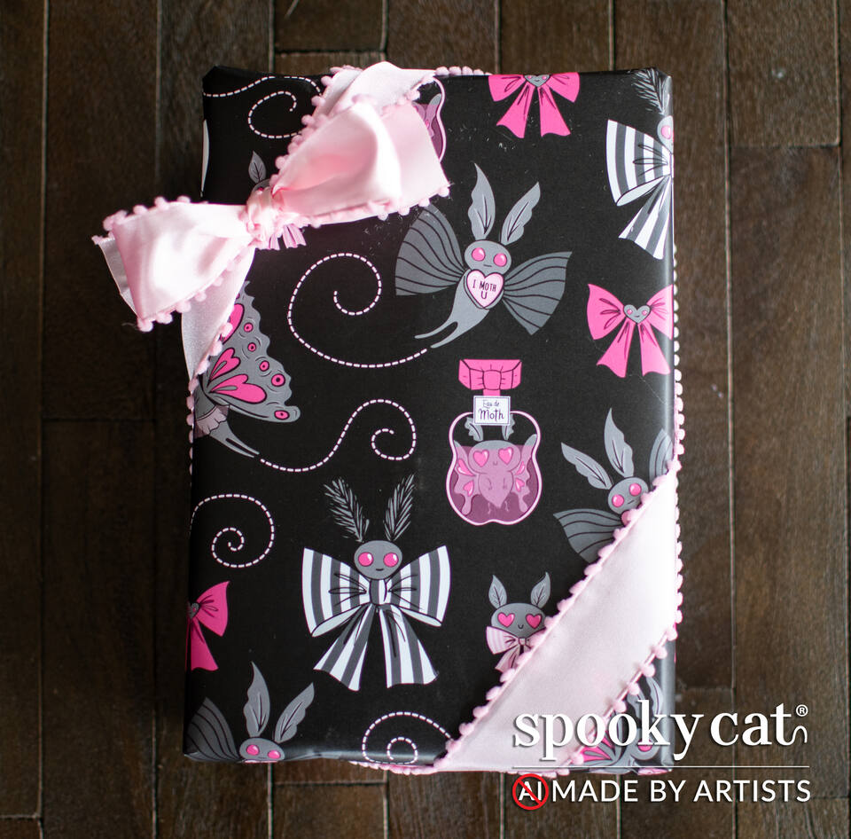 Valloween Mothman wrapping paper with heart-themed Mothman design and gothic accents