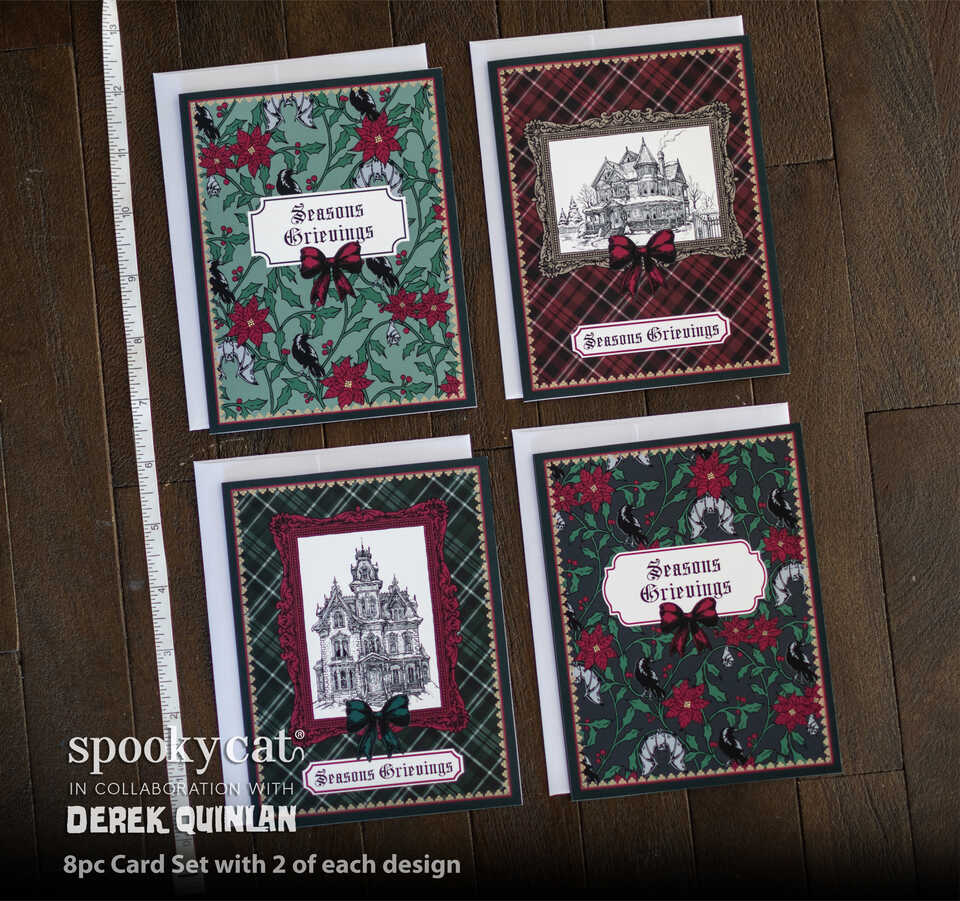 Gothic Victorian Christmas greeting card set featuring hand-drawn haunted mansions, in ornate Victorian frames with vintage holiday artwork. Along with cards reading “Seasons Grievings” surrounded by red poinsettias, green foliage, ravens, and bats. 8 cards per set. Made in collaboration with Derek Quinlan. No AI. Made By Artists.