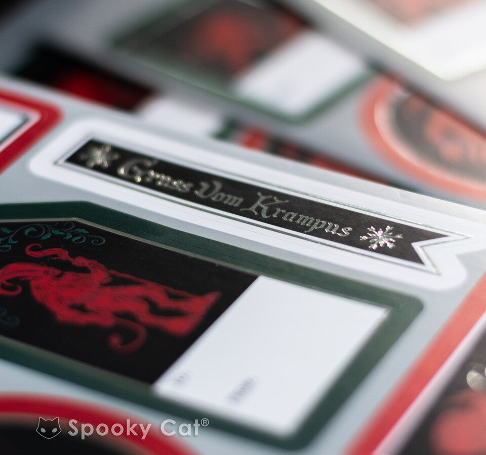 Foil Detail of Krampus Gifting Tag Stickers and Gift Labels