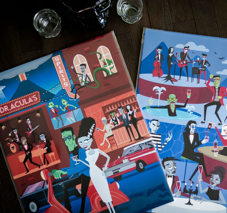 Universal Monster inspired mid-century art print with Frankenstein, Bride, Creature, and the Addams Family
