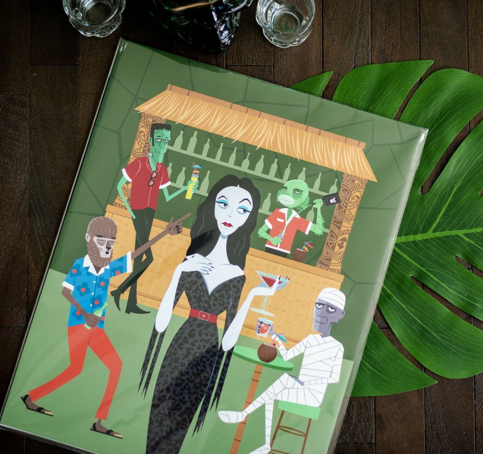 Classic Monster Tiki Bar Scene art print with Vampire Frankenstein, Wolfman, Creature,