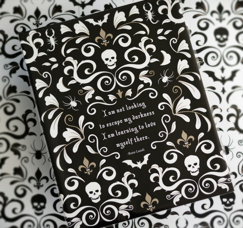 Gothic skull damask art print featuring a quote from the poet Rune Lazuli.