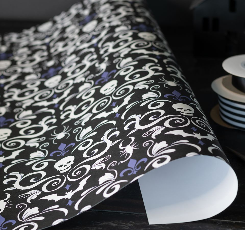 Skull Damask Gift Wrap - Black (1 Sheet)