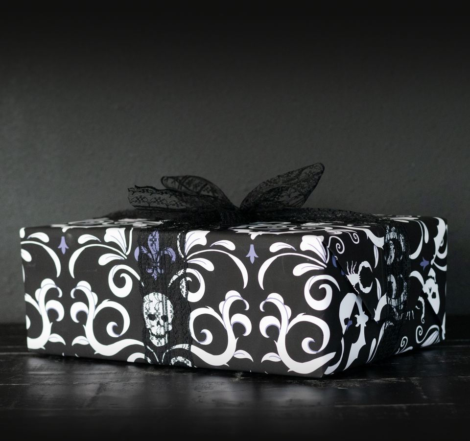 Skull Damask Gift Wrap - Black (1 Sheet)