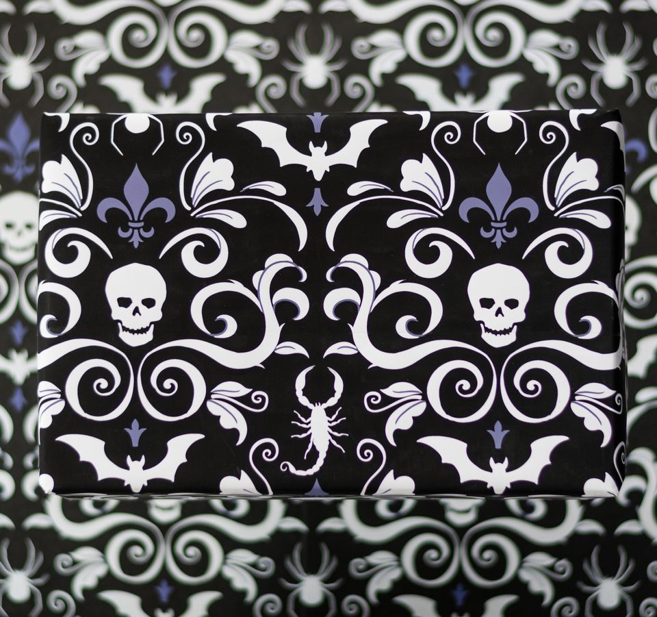 Skull Damask Gift Wrap - Black (1 Sheet)