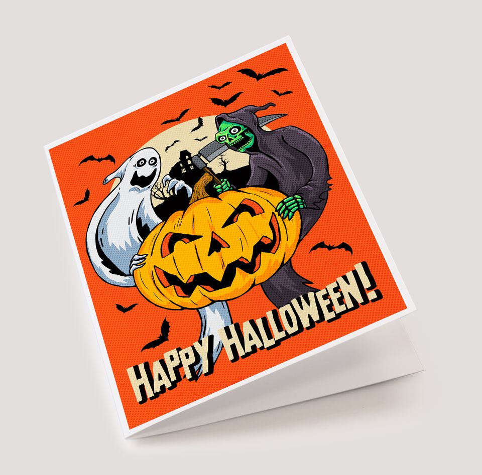 Happy Halloween Vintage Grim Reaper and Pumpkin Greeting Card