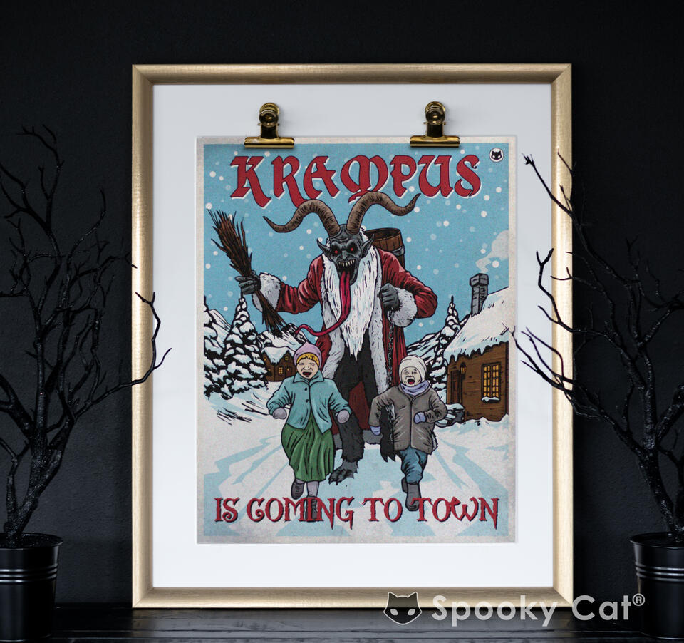 Krampus run Art Print - Krampus chasing kids on Krampusnacht