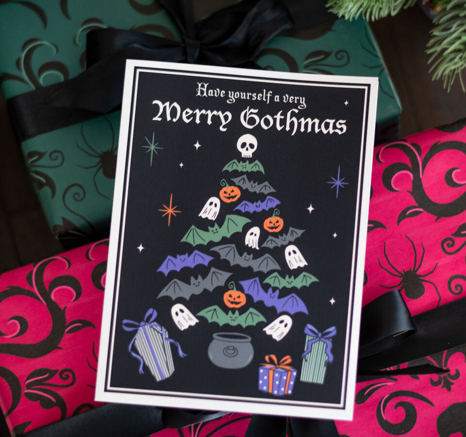 Merry Gothmas Gothic Christmas Card with bats and ghosts