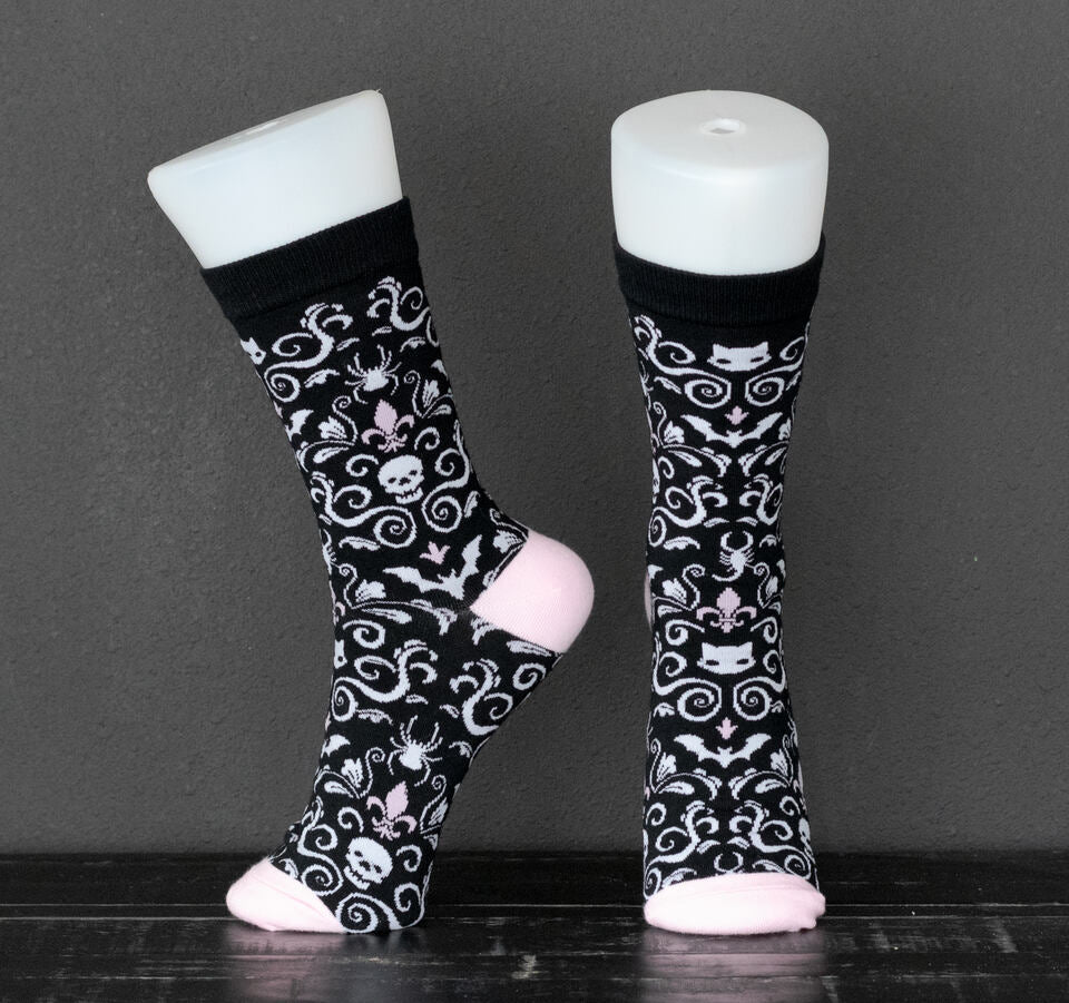 Pastel Goth Damask Socks with Skulls and bats