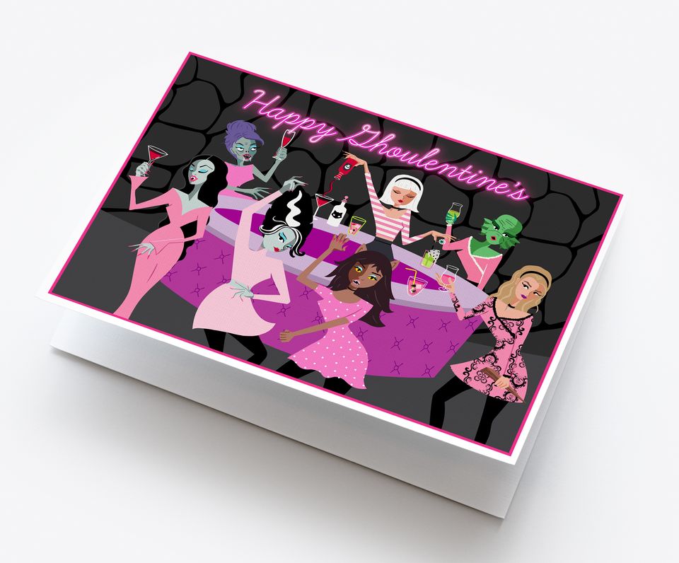 V̶a̶l̶e̶n̶t̶i̶n̶e̶'̶s̶ Ghoulentine's card, Vampira, Bride of Frankenstein, Sabrina the witch, Buffy the slayer