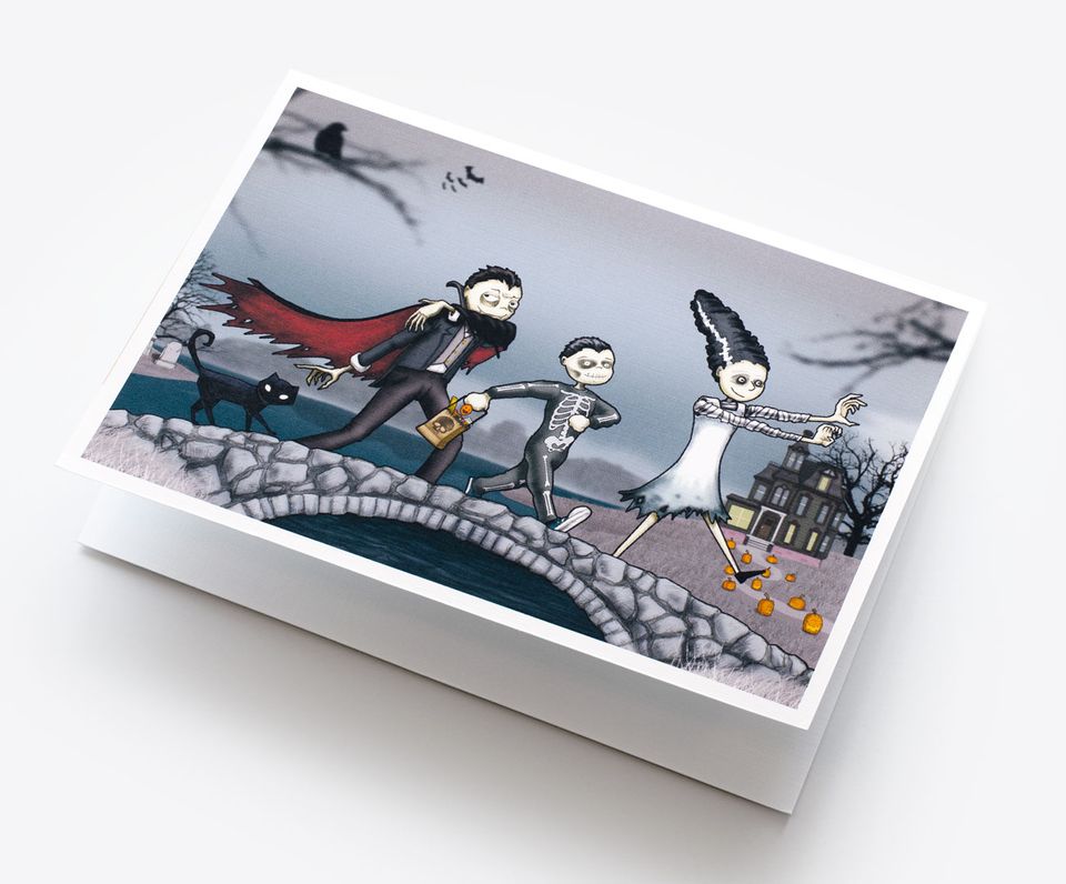 Spooky Cat Halloween Card - Haunted Bridge