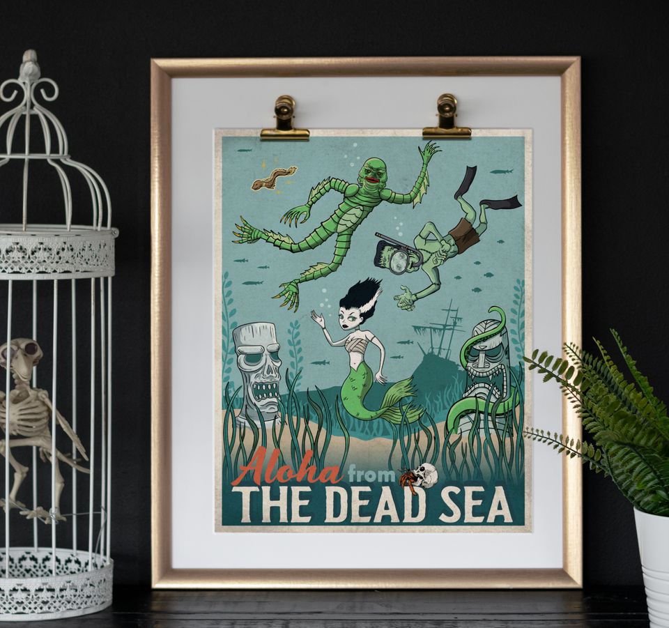 Tiki Dead Sea underwater Art Print featuring Frankenstein's monster, a mermaid bride, and swamp creature.