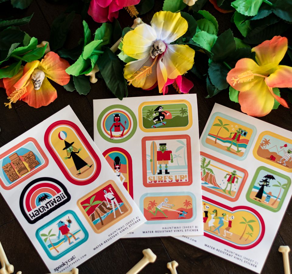 Tiki Creature and Zombies Hawaii Vintage Travel Stamp Vinyl Sticker