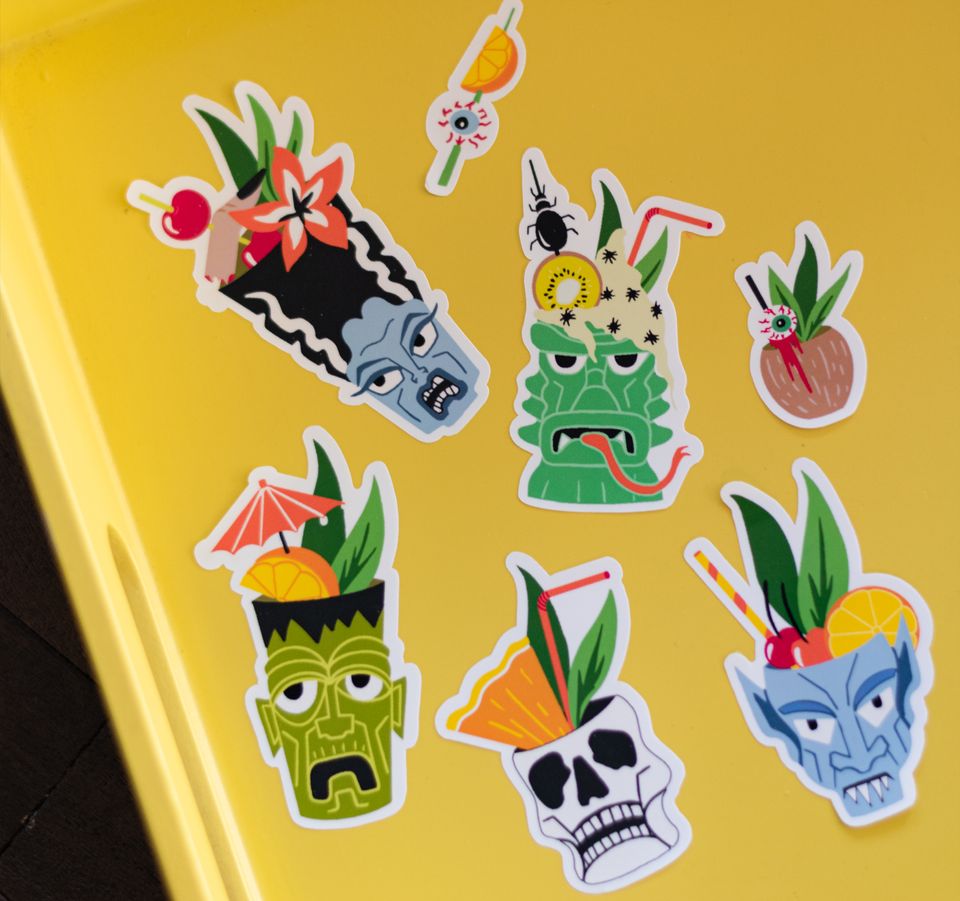 Tiki Mug Vinyl Stickers with Frankenstein Bride Nosferatu and Creature