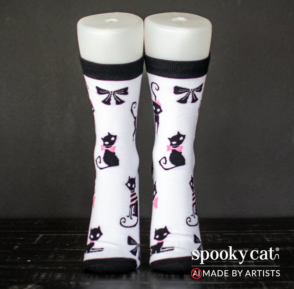 Spooky Cat Press Black Cat Love Socks featuring gothic black cats and pink bow details for Valloween
