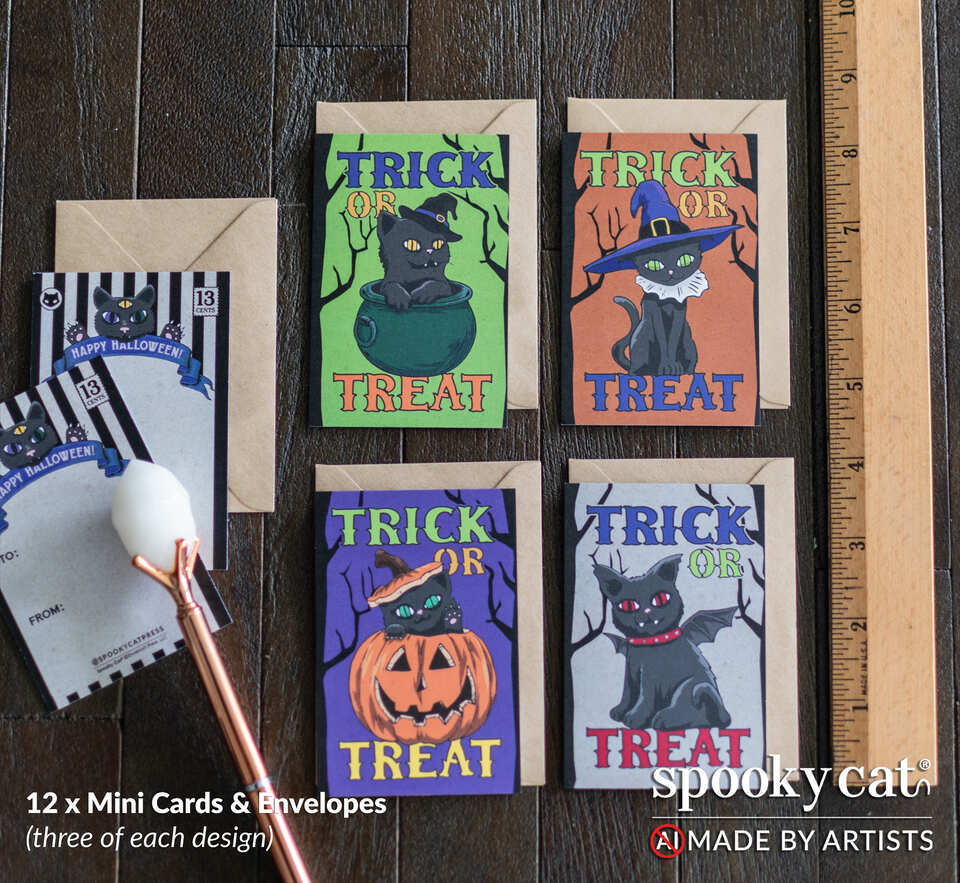Black Cat Mini Halloween Card Set with four retro Trick or Treat black cat designs and kraft envelopes, 12 cards total. Mini cards feature four different black cats in spooky outfits, ready to celebrate Halloween