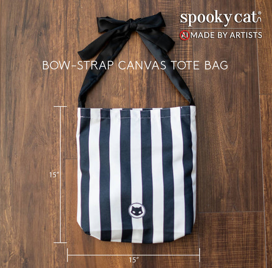 Gothic striped canvas tote bag with dramatic bow strap by Spooky Cat Press