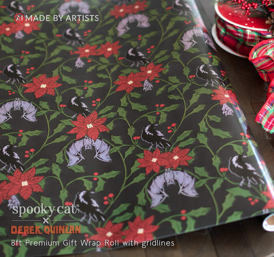 Creepmas Yule Floral Christmas wrapping paper by Derek Quinlan featuring gothic Victorian florals, black ravens, bats, red poinsettias and holly.