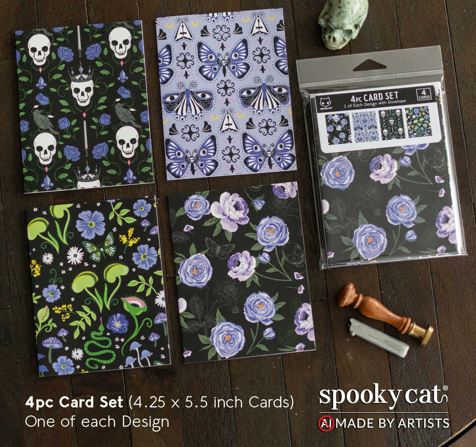Dark floral gothic greeting card set featuring skull, moth, mushroom, and rose patterns with packaged 4 card set.