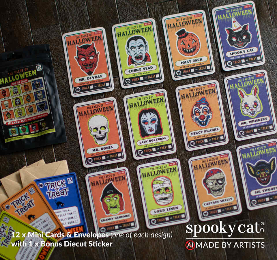 A flat-lay of Spooky Cat's 'Faces of the Halloween' mini cards and envelopes on a dark wood background, with a bonus die-cut sticker and mini-matching brown envelopes. The cards feature colorful vintage illustrations of various Halloween masks as character trading cards.