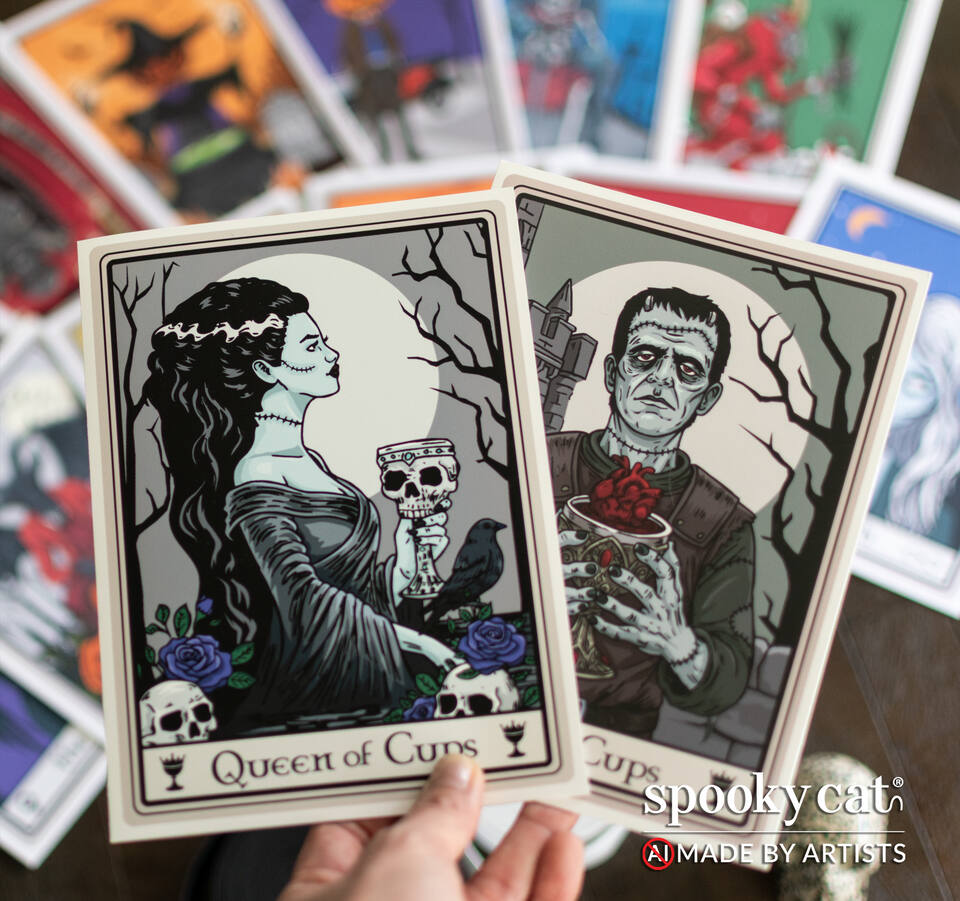 Two gothic tarot greeting cards featuring Queen of Cups and King of Cups with Bride and Frankenstein-inspired figures, held in hand with tarot cards in background