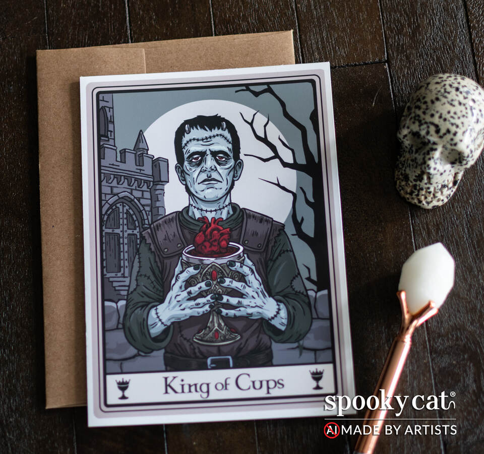 King of Cups tarot greeting card featuring Frankenstein-inspired figure holding heart chalice on wood surface with skull decor and envelope