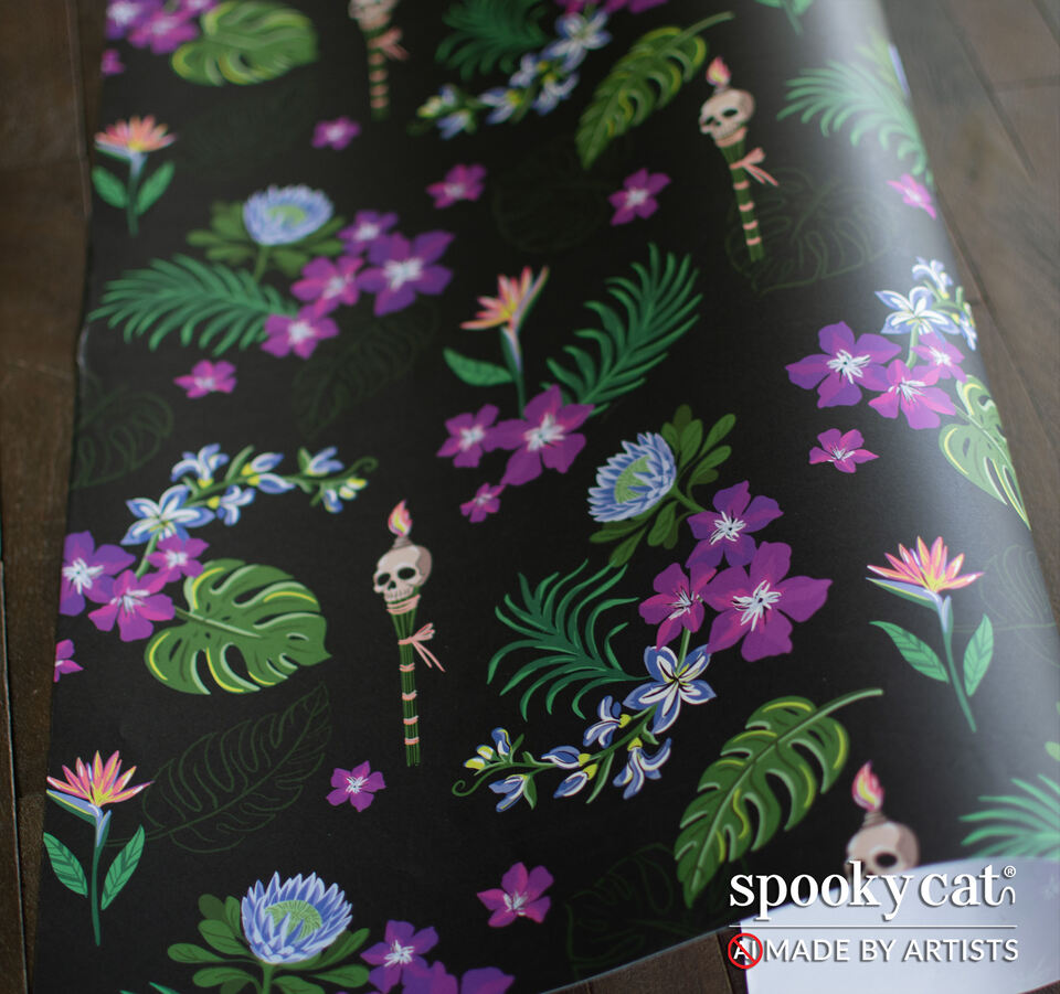 Premium goth tiki floral gift wrap featuring tropical flowers, monstera leaves, and flaming skull tiki totems on a black background.