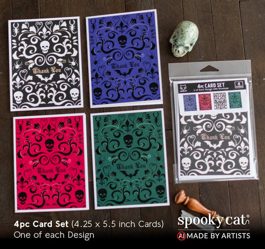 Gothic thank you card set with skull and bat damask patterns in black, purple, red, and green shown with packaged 4 card set.