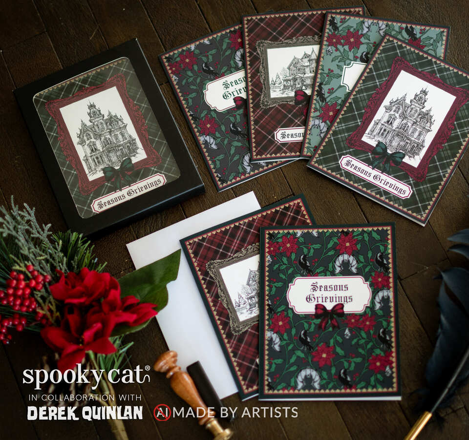 Gothic Victorian Christmas greeting card set featuring hand-drawn haunted mansions, in ornate Victorian frames with vintage holiday artwork. Along with cards reading “Seasons Grievings” surrounded by red poinsettias, green foliage, ravens, and bats. 8 cards per set. Made in collaboration with Derek Quinlan. No AI. Made By Artists.