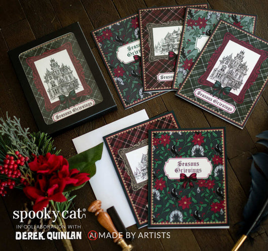 Gothic Victorian Christmas greeting card set featuring hand-drawn haunted mansions, in ornate Victorian frames with vintage holiday artwork. Along with cards reading “Seasons Grievings” surrounded by red poinsettias, green foliage, ravens, and bats. 8 cards per set. Made in collaboration with Derek Quinlan. No AI. Made By Artists.