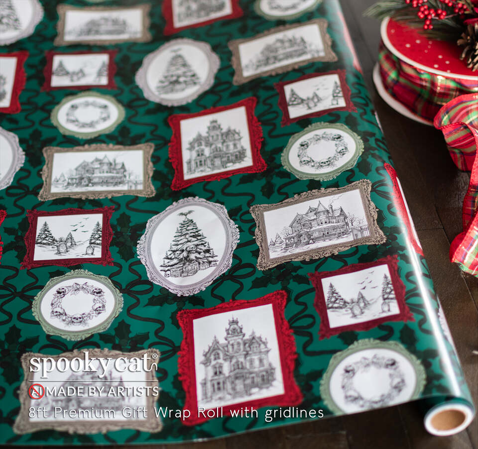 Gothic Victorian Christmas wrapping paper featuring hand-drawn haunted mansions, snowy cemeteries and Christmas trees in ornate Victorian frames. Dark green Goth Christmas gift wrap with vintage holiday artwork.