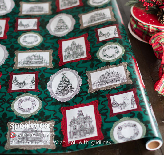 Gothic Victorian Christmas wrapping paper featuring hand-drawn haunted mansions, snowy cemeteries and Christmas trees in ornate Victorian frames. Dark green Goth Christmas gift wrap with vintage holiday artwork.