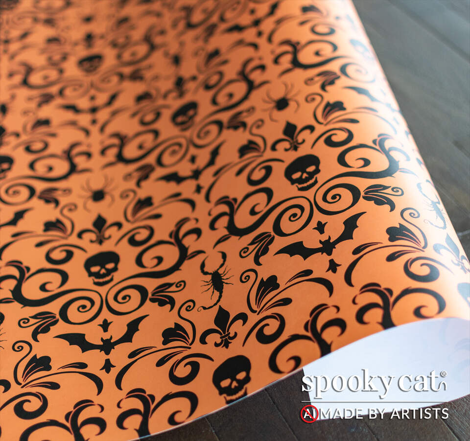 Flat view of Orange Gothic Damask wrapping paper featuring black skull and bat damask design on an orange background.