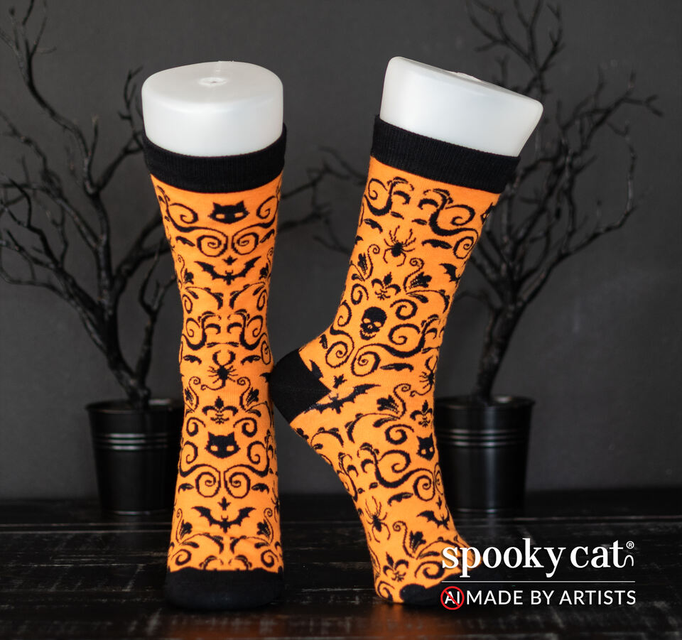 Orange socks with black gothic cats, bats, and skulls, Spooky Cat Press's signature Gothic Damask pattern worn on a foot mannequin.