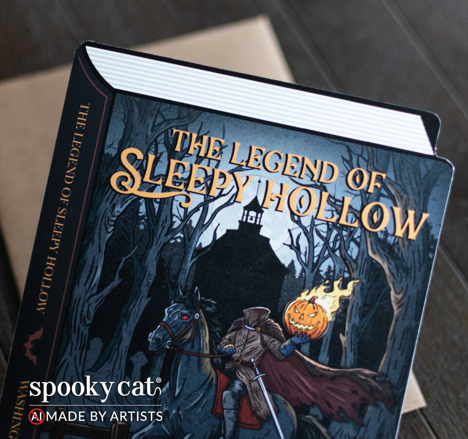 A closer view of a Halloween greeting card titled "The Legend of Sleepy Hollow" lies on top of a brown kraft envelope on a dark wood surface and the Spooky Cat brand logo appears in the bottom right corner with the text NO AI, made by artists. The card features illustrated artwork of the headless horseman holding a flaming pumpkin, with the text "A Tale for All Hallows' Eve.