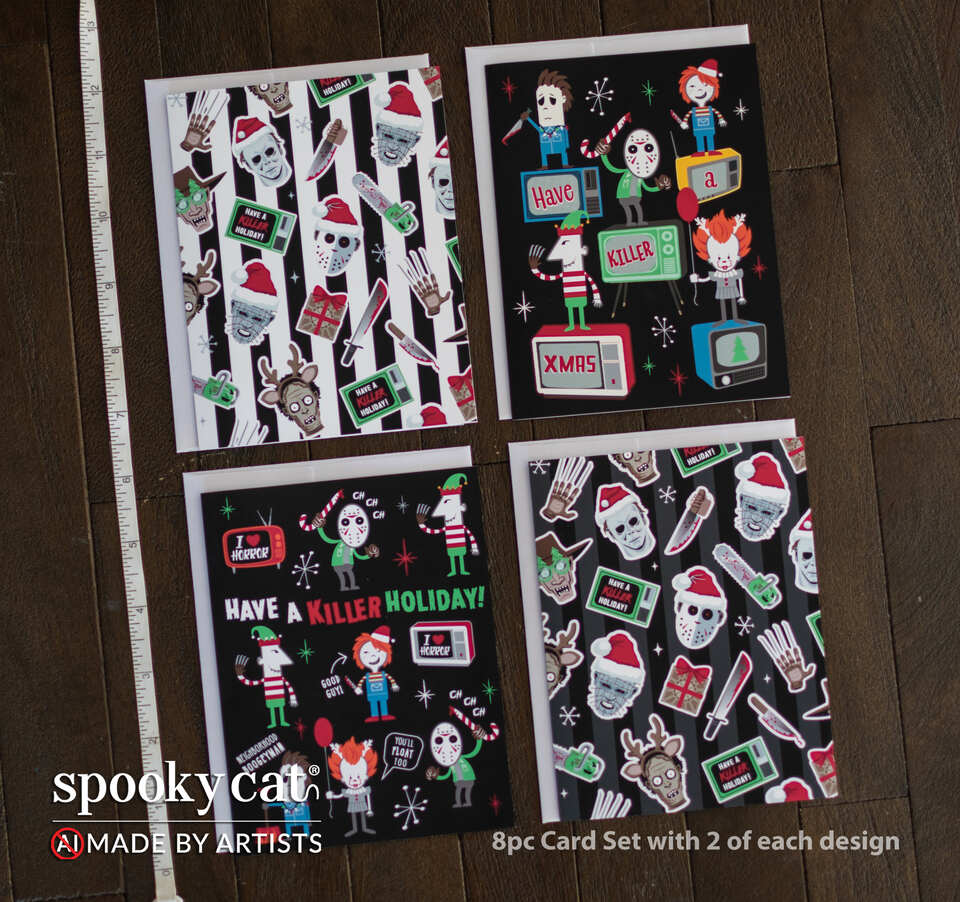 Horror Character inspired 8pc Horror Creepmas Greeting Card Set with cartoon slasher characters and white envelopes