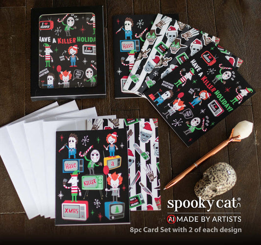 Horror Character inspired 8pc Horror Creepmas Greeting Card Set with cartoon slasher characters and white envelopes